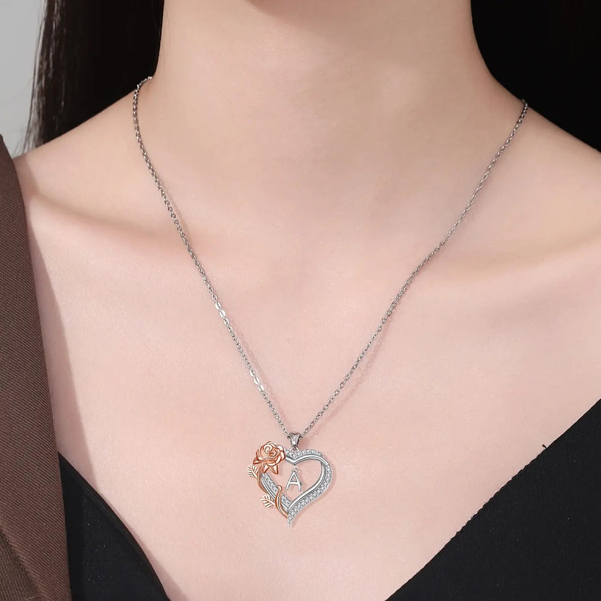 Elegant Rose Initial Heart Necklace