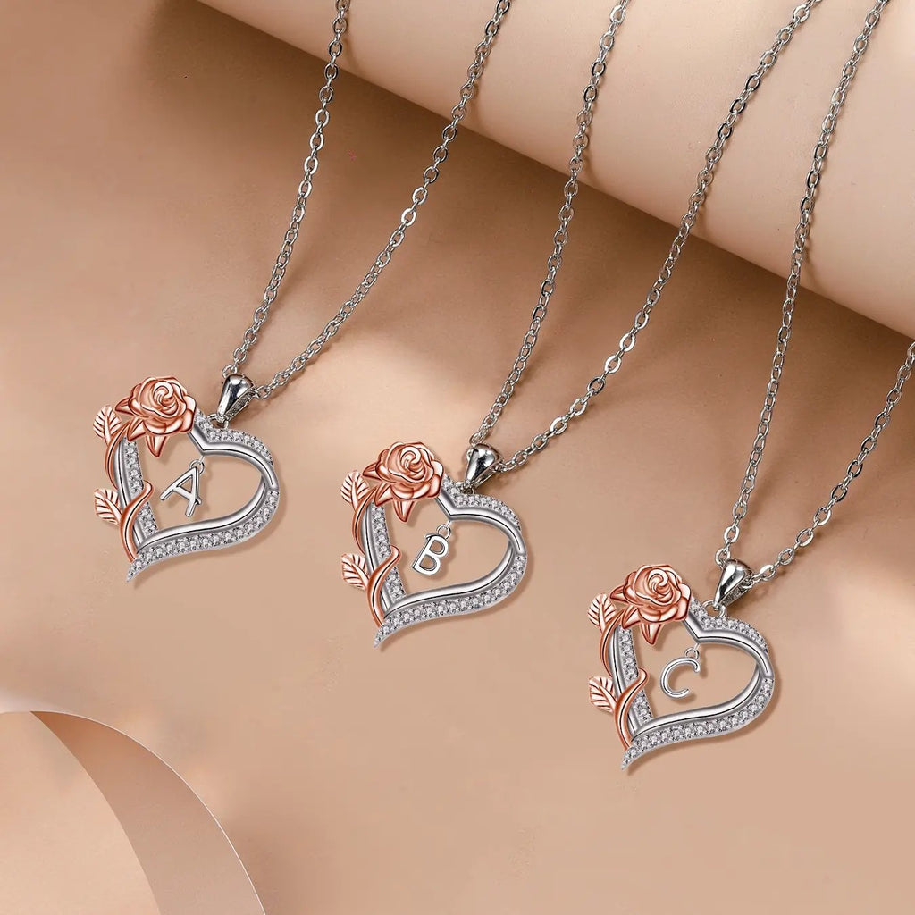 Elegant Rose Initial Heart Necklace