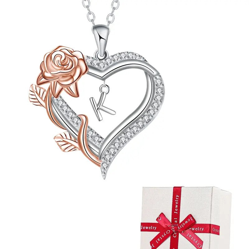 Elegant Rose Initial Heart Necklace