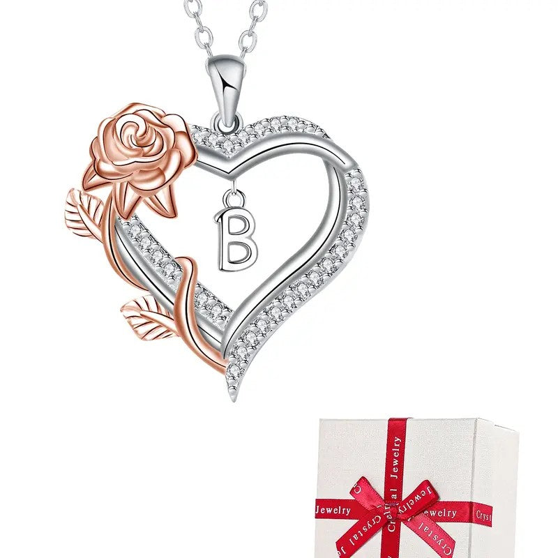 Elegant Rose Initial Heart Necklace