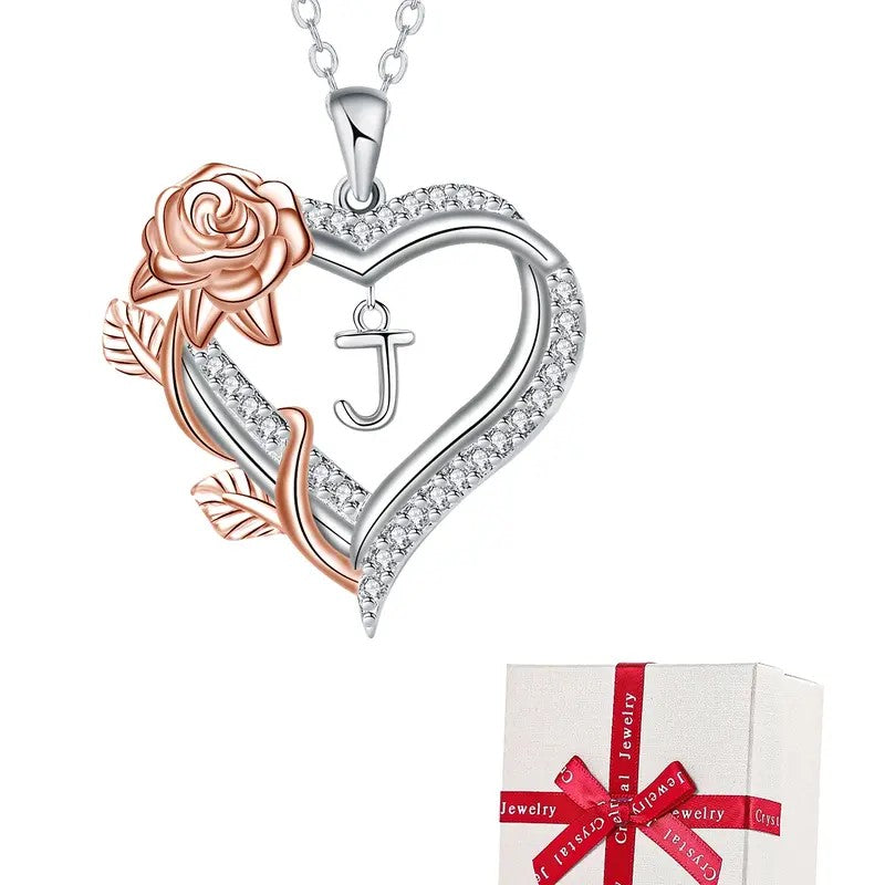 Elegant Rose Initial Heart Necklace