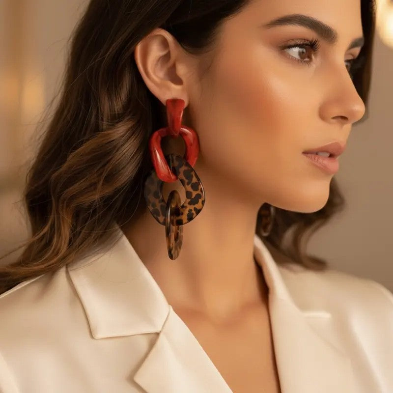 2PC Geometric Leopard Drop Earrings