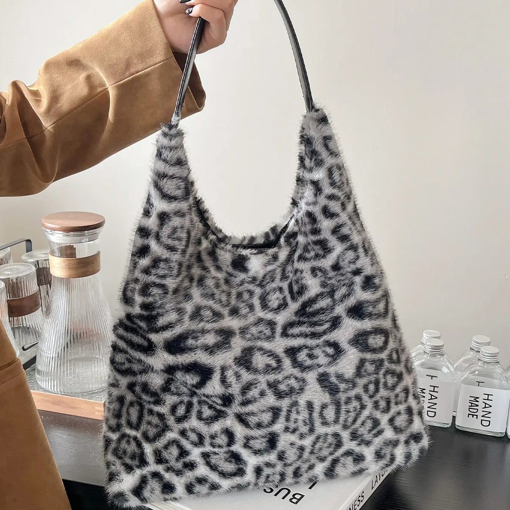 Plush Leopard Hobo Bag