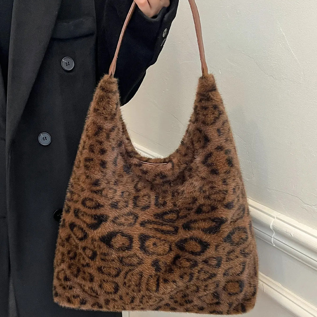 Plush Leopard Hobo Bag