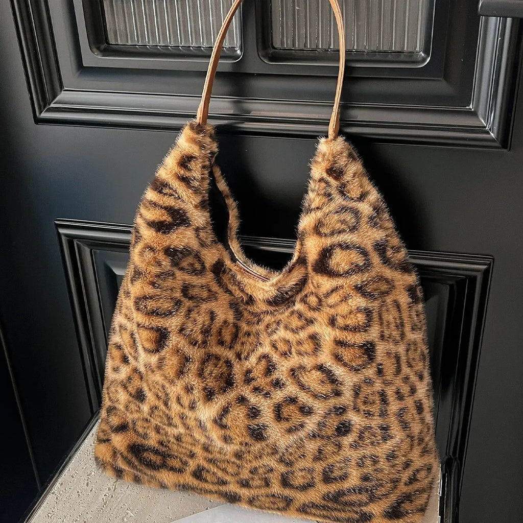 Plush Leopard Hobo Bag