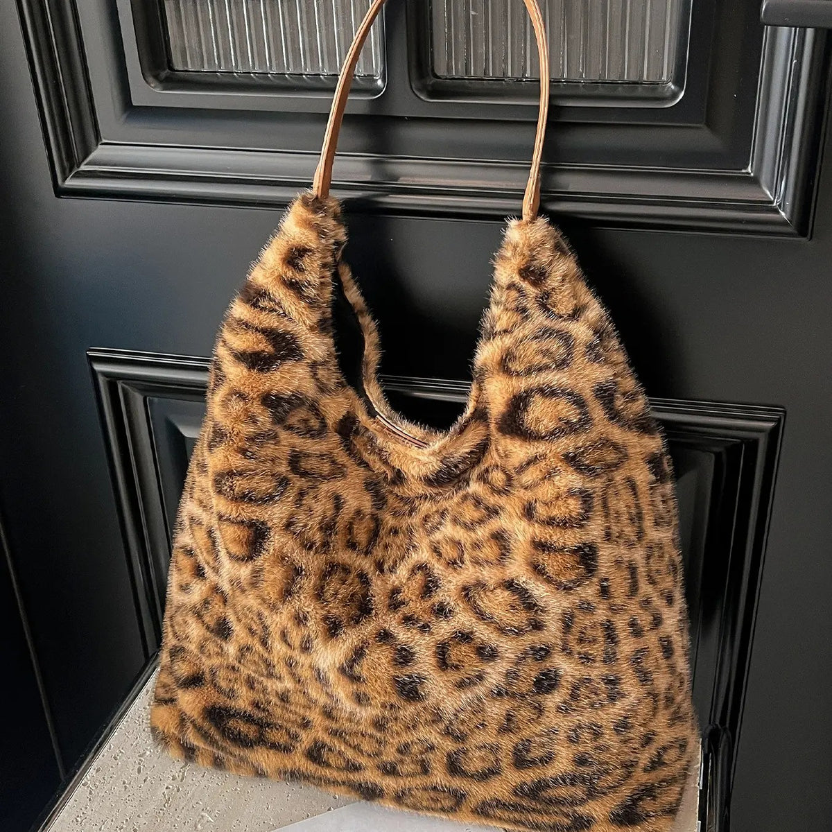 Plush Leopard Hobo Bag