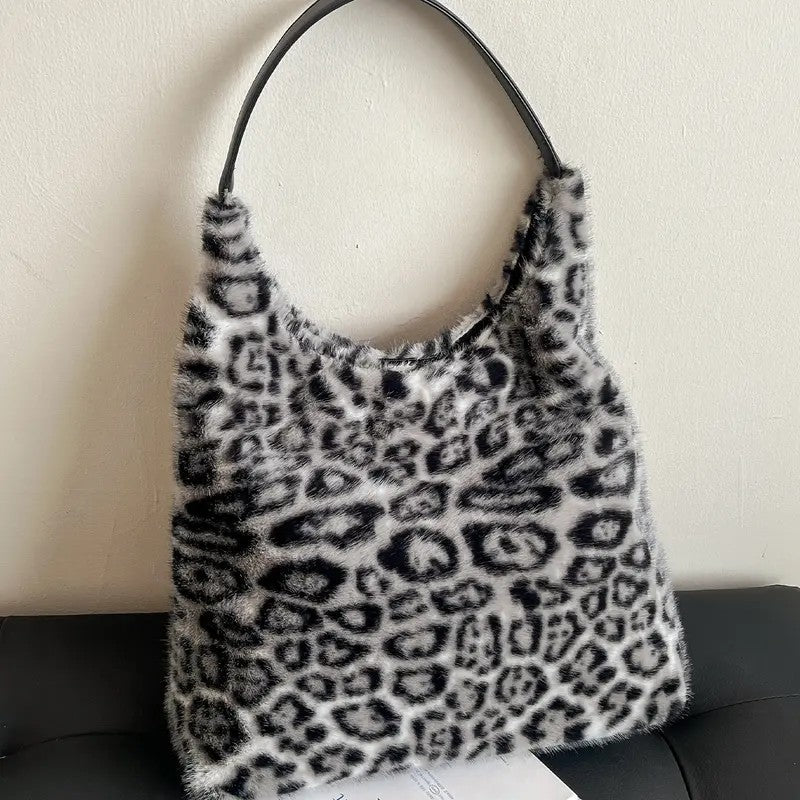Plush Leopard Hobo Bag