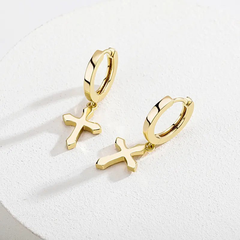 18k Minimal Cross Hoop Earrings