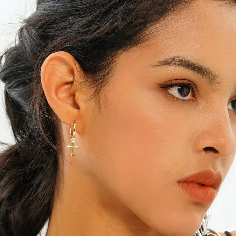 18k Minimal Cross Hoop Earrings