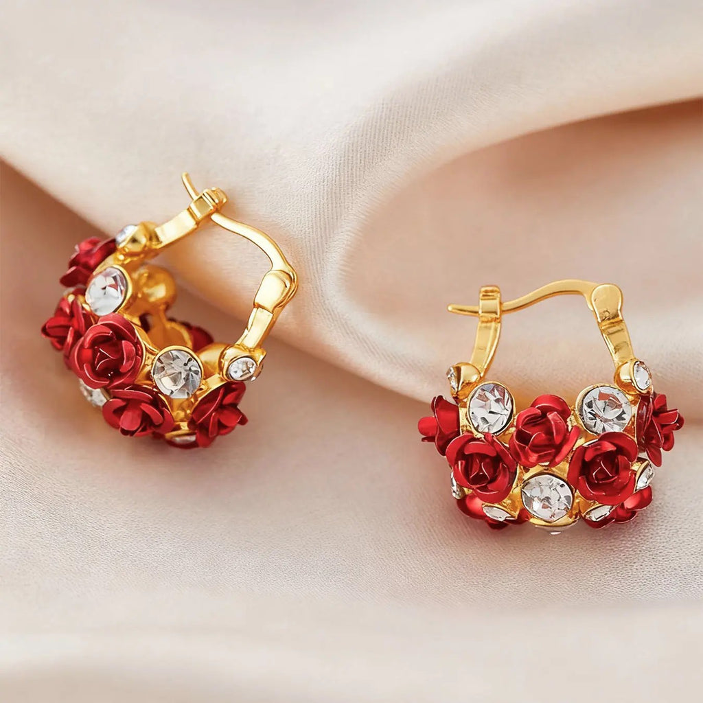 Elegant Red Rose Hoop Earrings