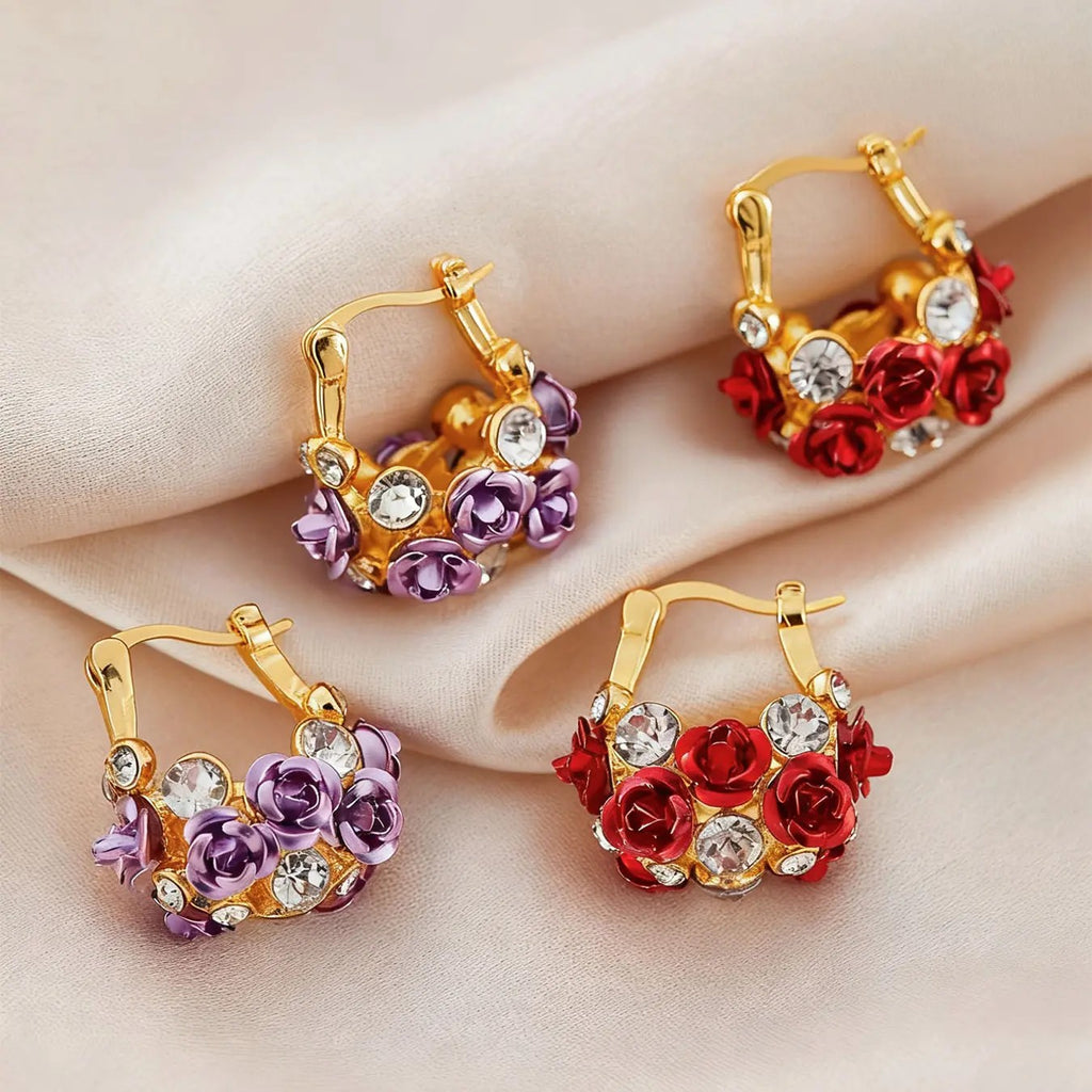 Elegant Red Rose Hoop Earrings