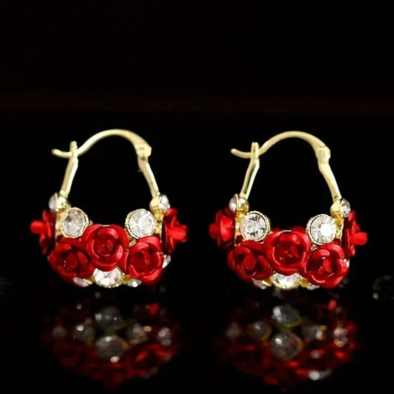 Elegant Red Rose Hoop Earrings
