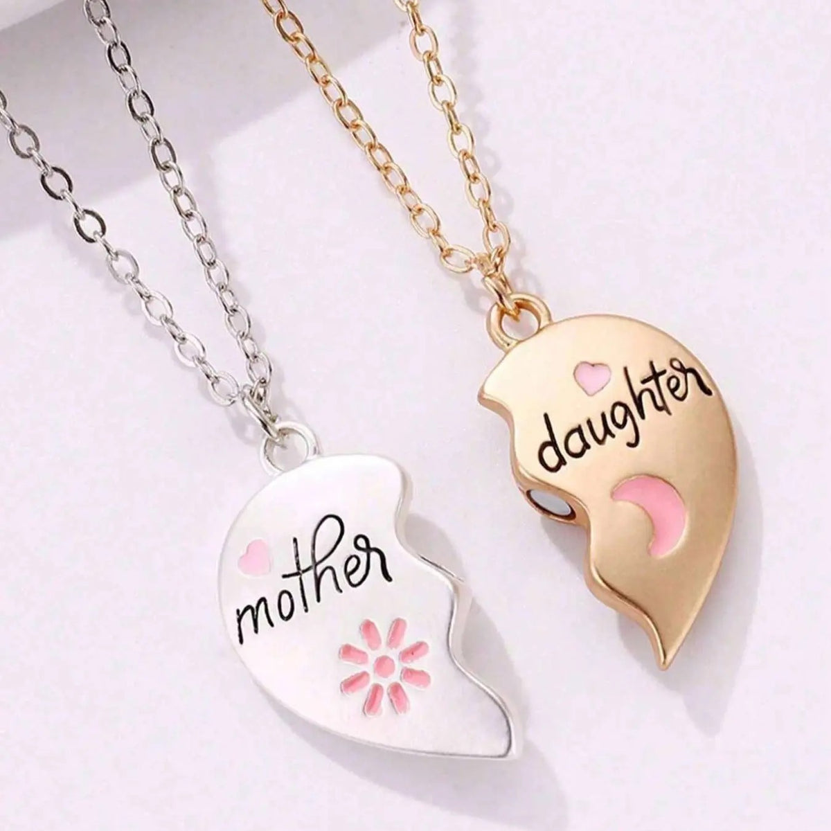 Mother Daughter Heart Necklace Set