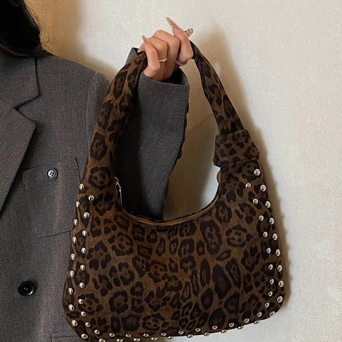 Leopard Studded Hobo Bag
