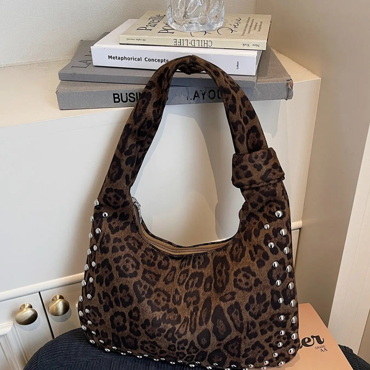 Leopard Studded Hobo Bag
