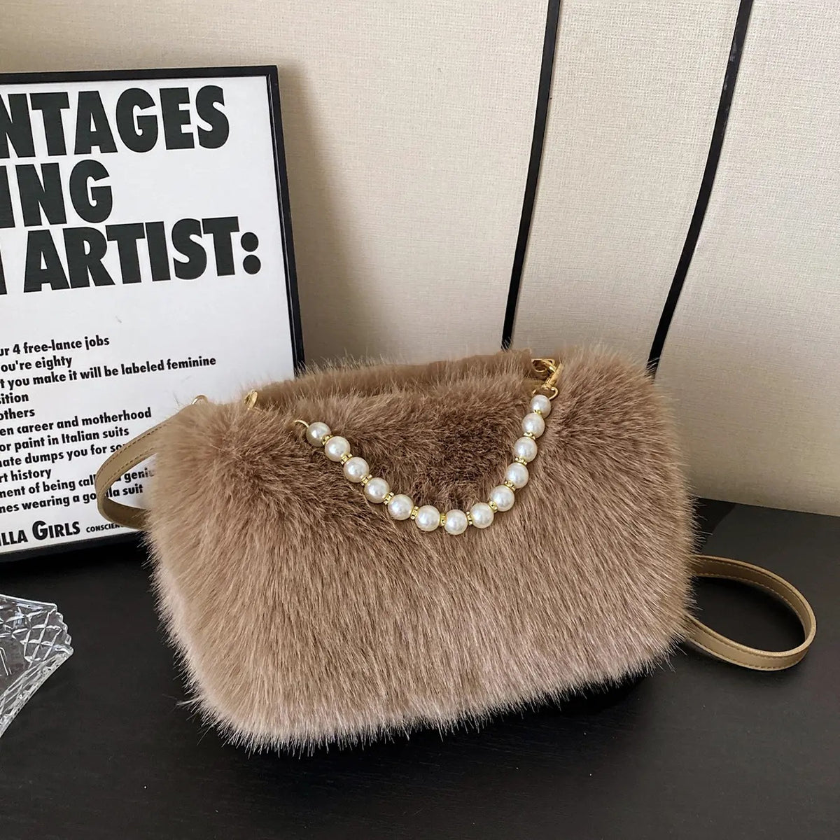 Pearl Faux Fur Crossbody Bag