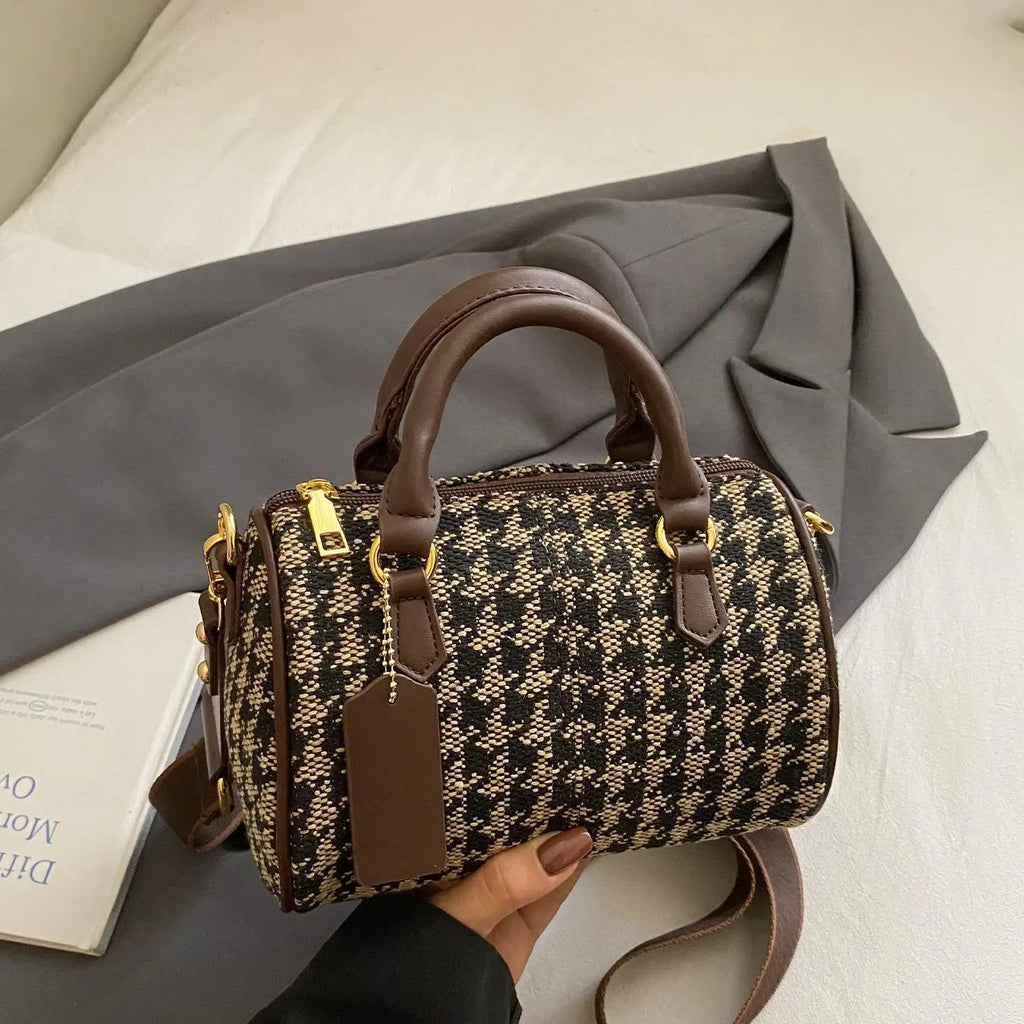 Elegant Houndstooth Barrel Bag