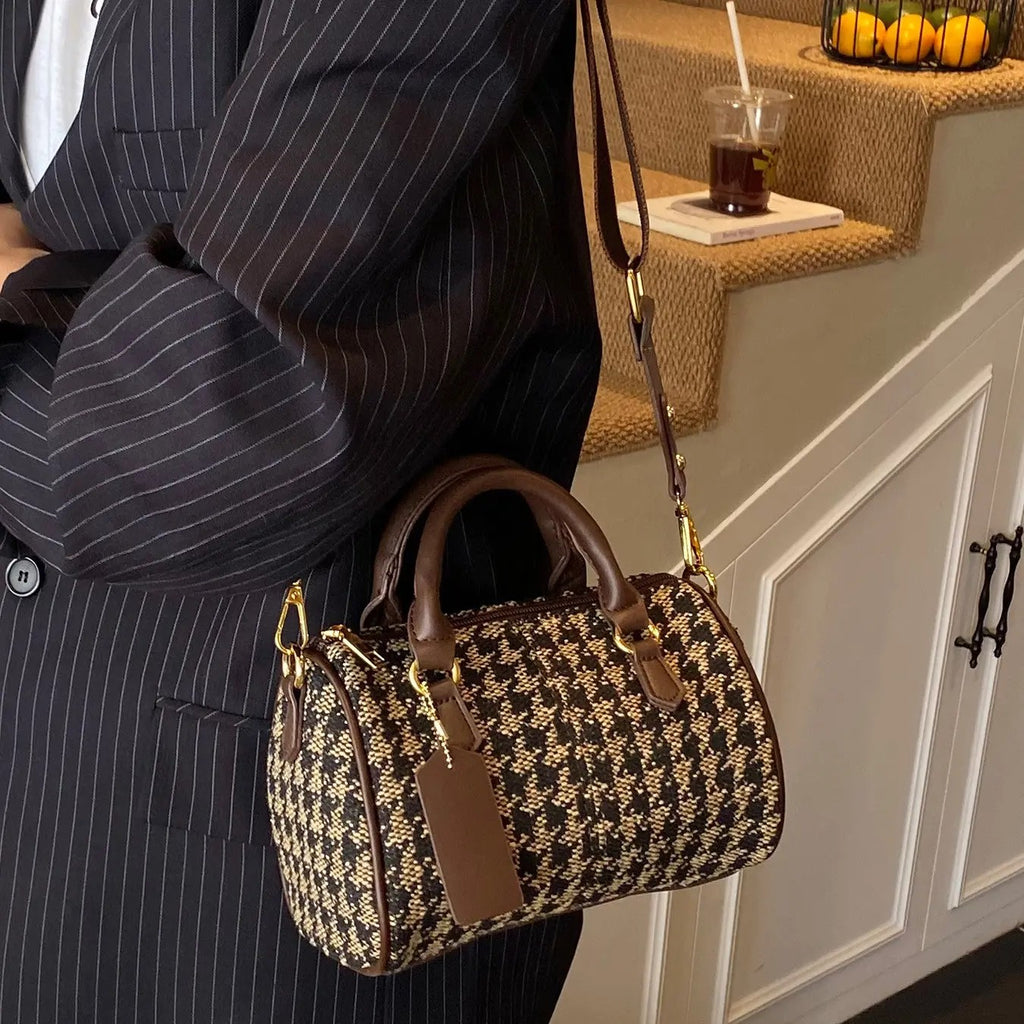 Elegant Houndstooth Barrel Bag