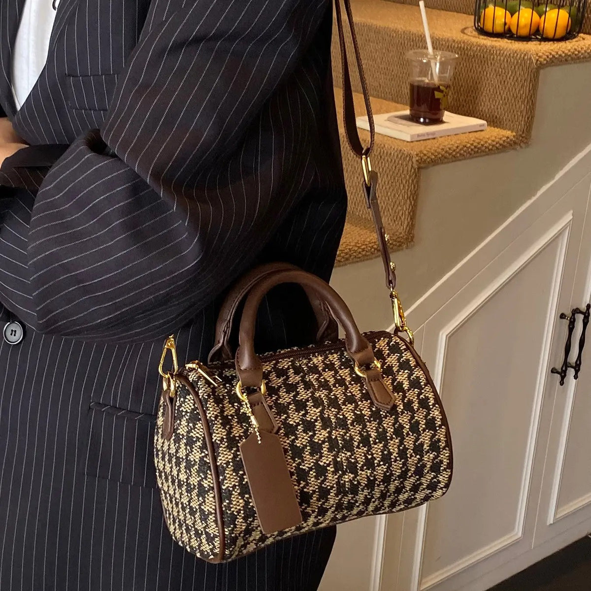 Elegant Houndstooth Barrel Bag