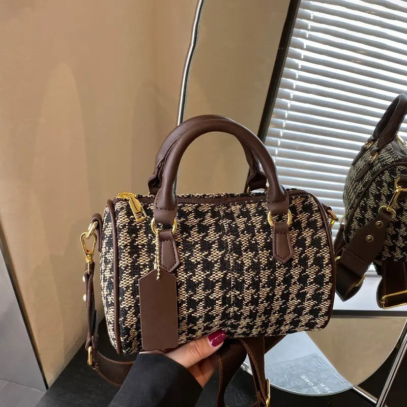 Elegant Houndstooth Barrel Bag