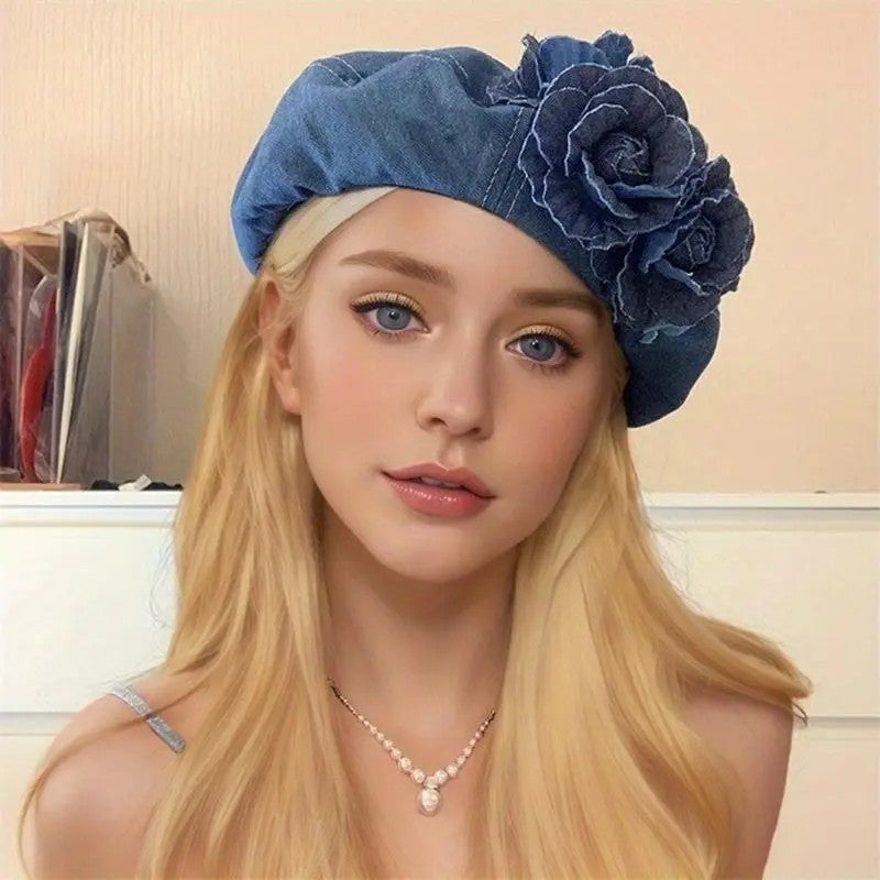 Chic Denim Floral Beret