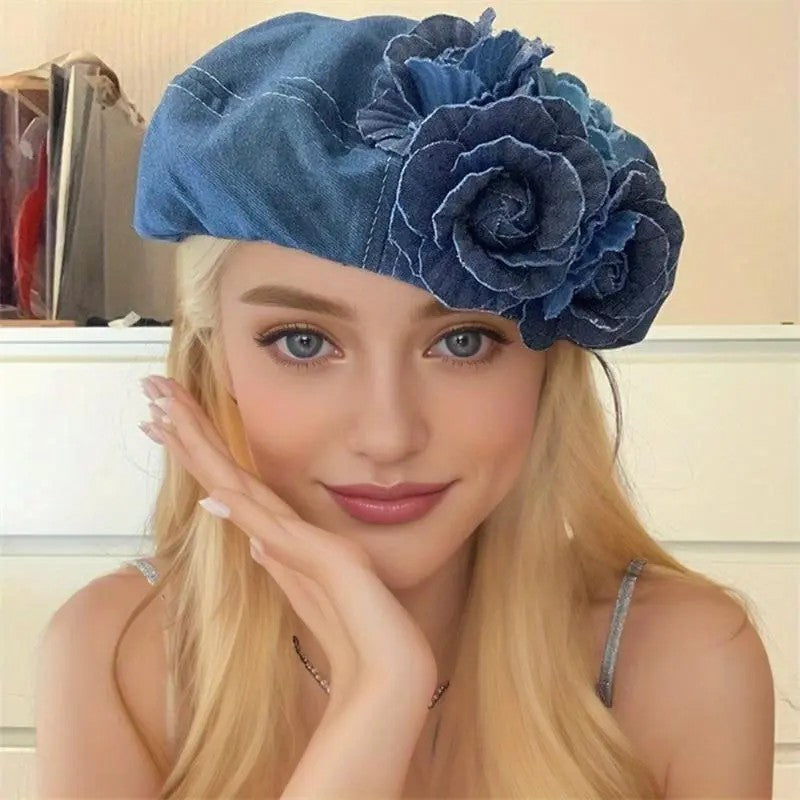 Chic Denim Floral Beret
