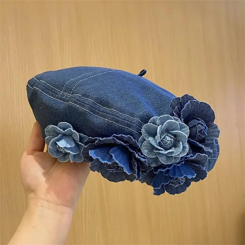 Chic Denim Floral Beret