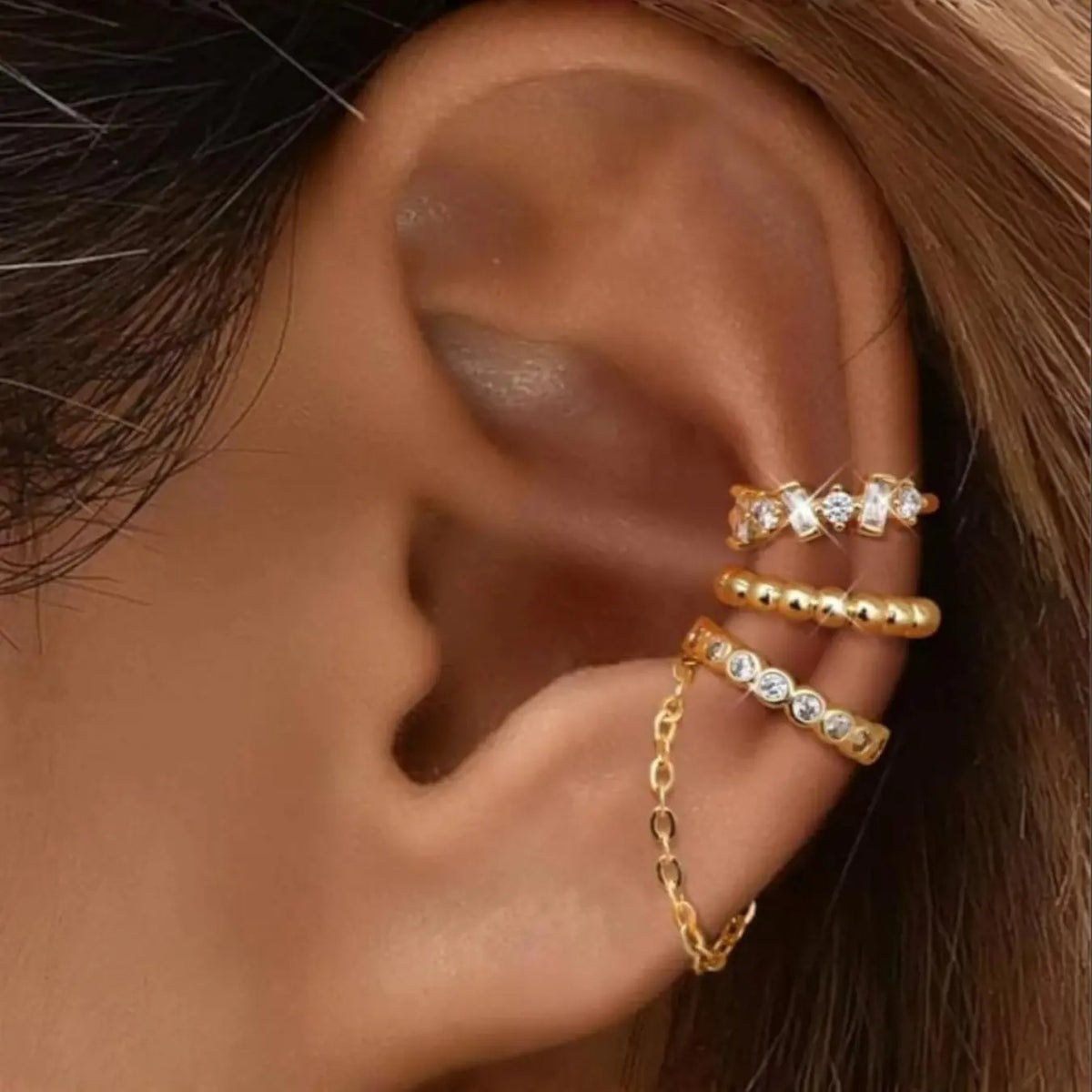 3PC 18k Dainty Chain Ear Cuff Set