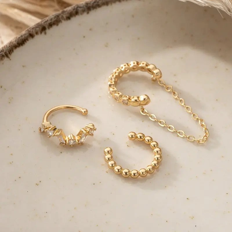 3PC 18k Dainty Chain Ear Cuff Set