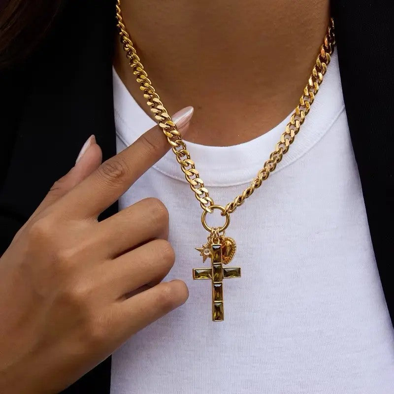 18k Cross Heart Charm Necklace