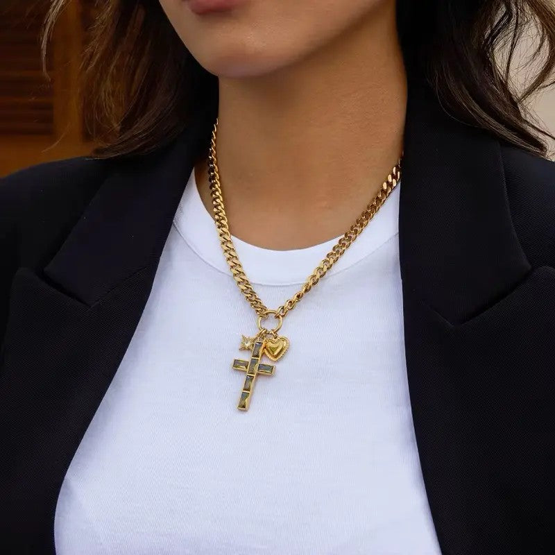 18k Cross Heart Charm Necklace