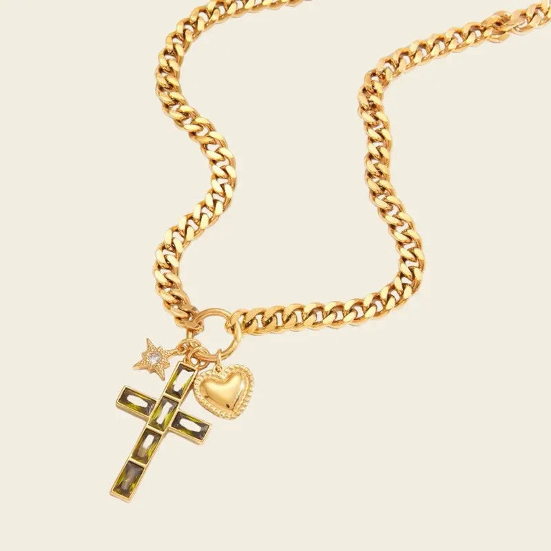 18k Cross Heart Charm Necklace