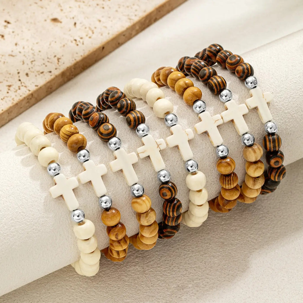 8PC Boho Wood Cross Bracelet Set