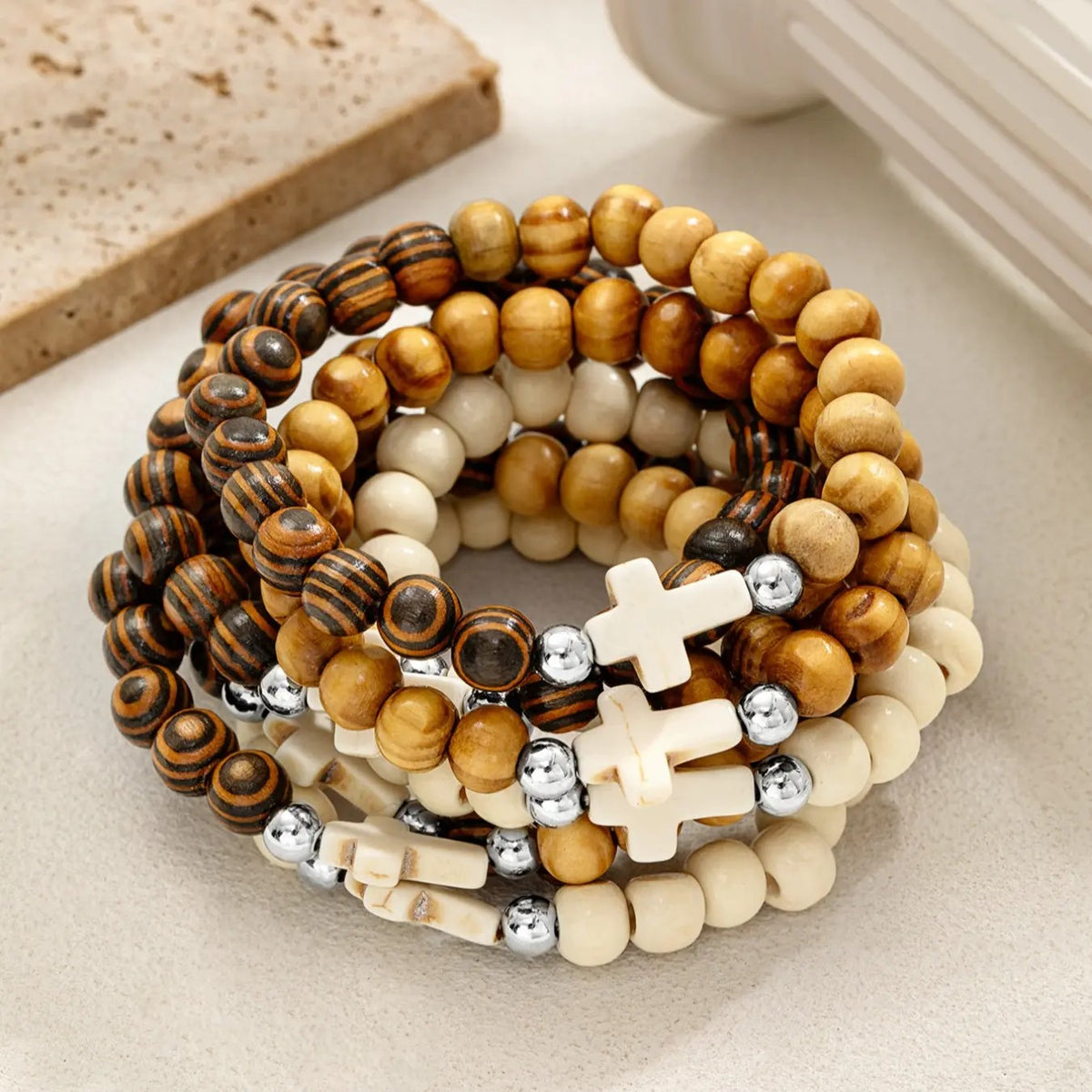 8PC Boho Wood Cross Bracelet Set