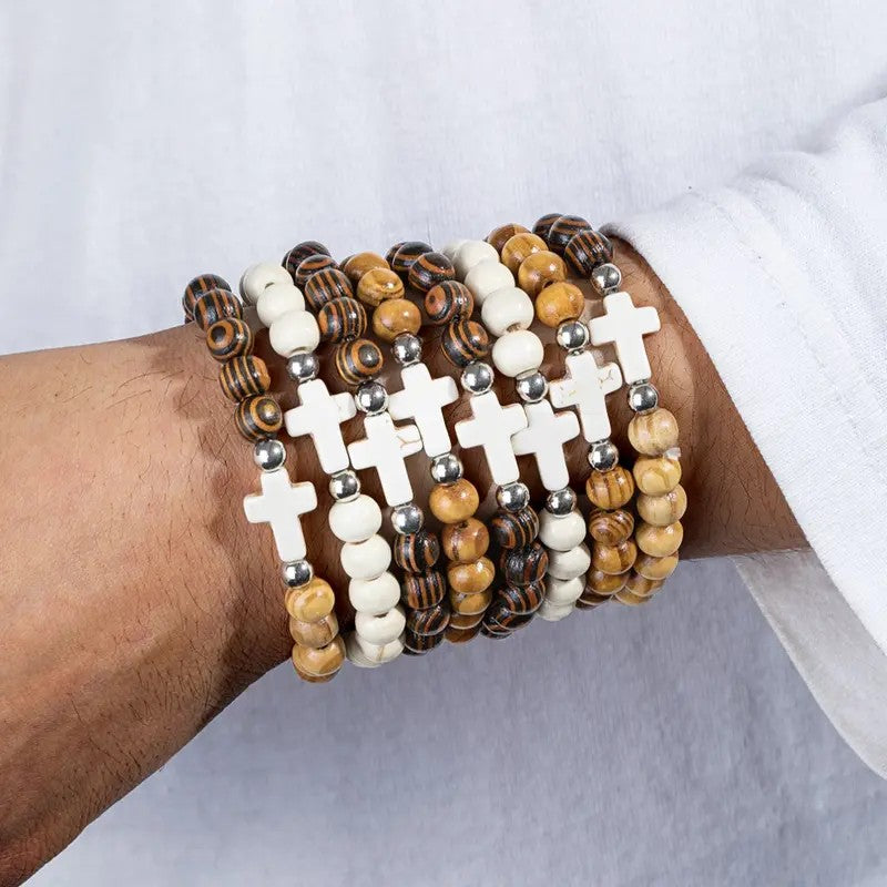 8PC Boho Wood Cross Bracelet Set