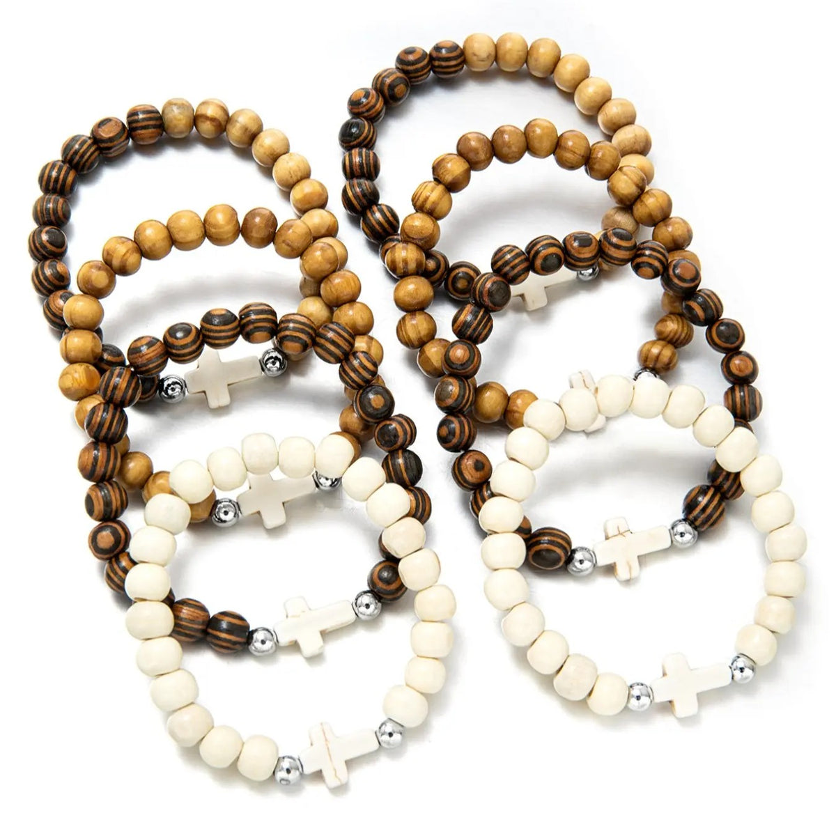 8PC Boho Wood Cross Bracelet Set