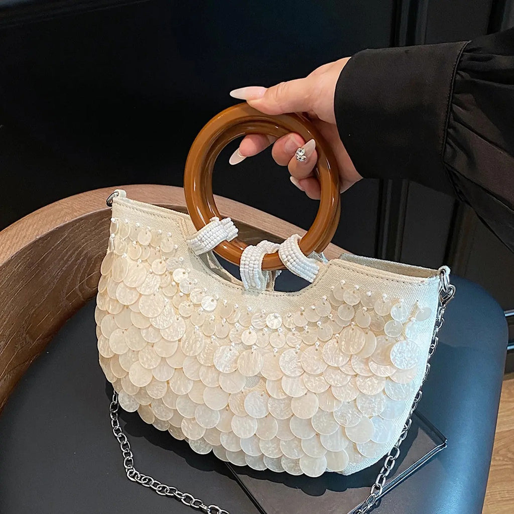 Iridescent Shell Round Handle Bag