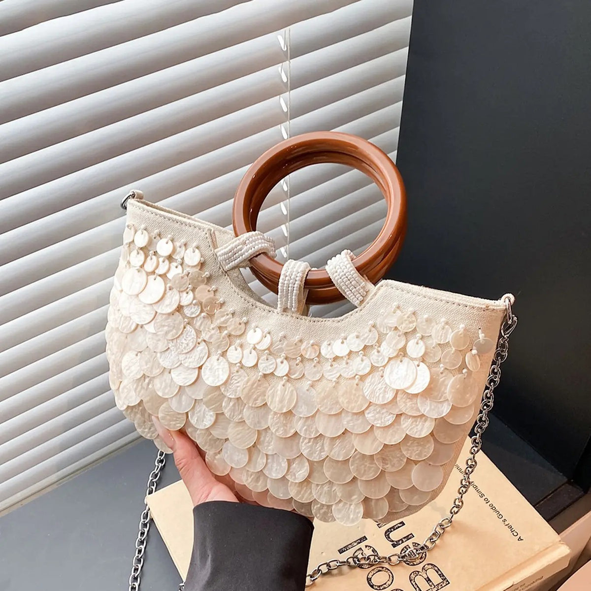 Iridescent Shell Round Handle Bag