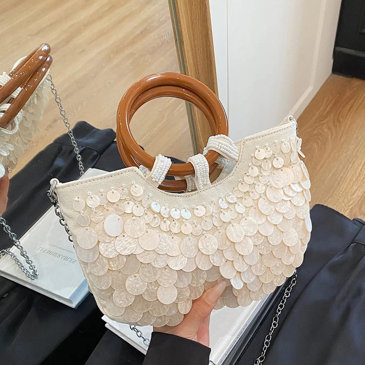 Iridescent Shell Round Handle Bag