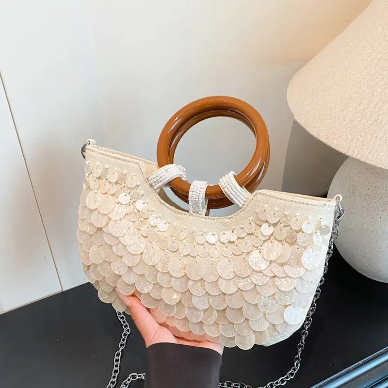 Iridescent Shell Round Handle Bag