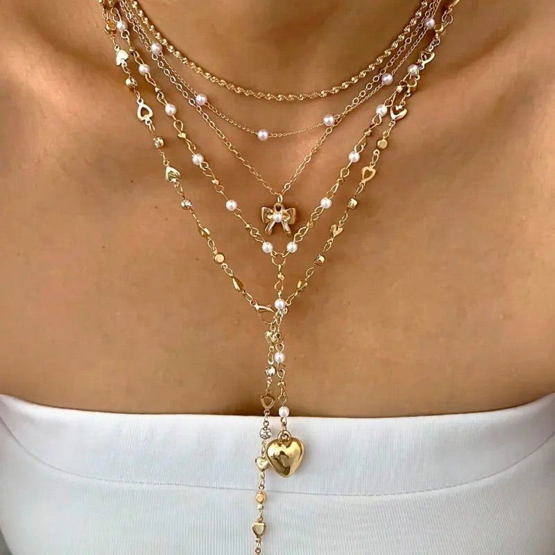 5PC 18k Dainty Pearl Heart Necklace Set