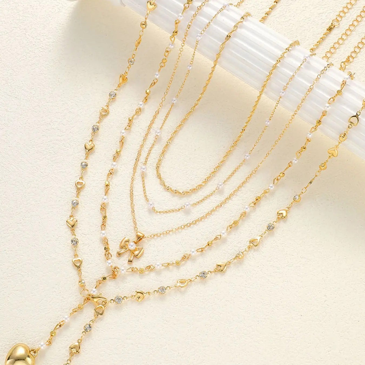 5PC 18k Dainty Pearl Heart Necklace Set