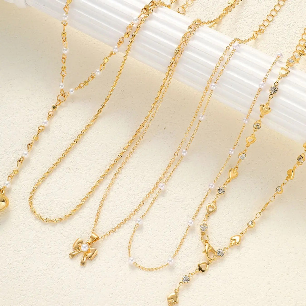 5PC 18k Dainty Pearl Heart Necklace Set