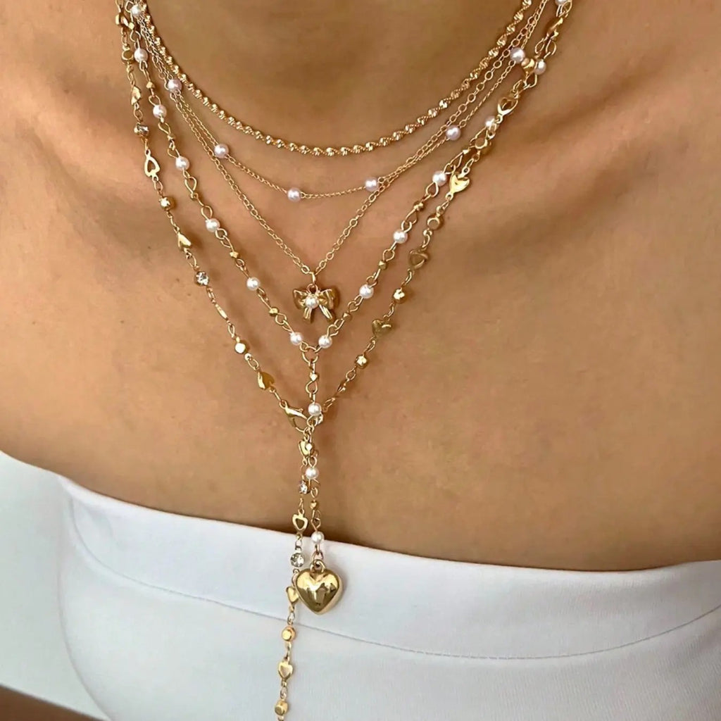 5PC 18k Dainty Pearl Heart Necklace Set
