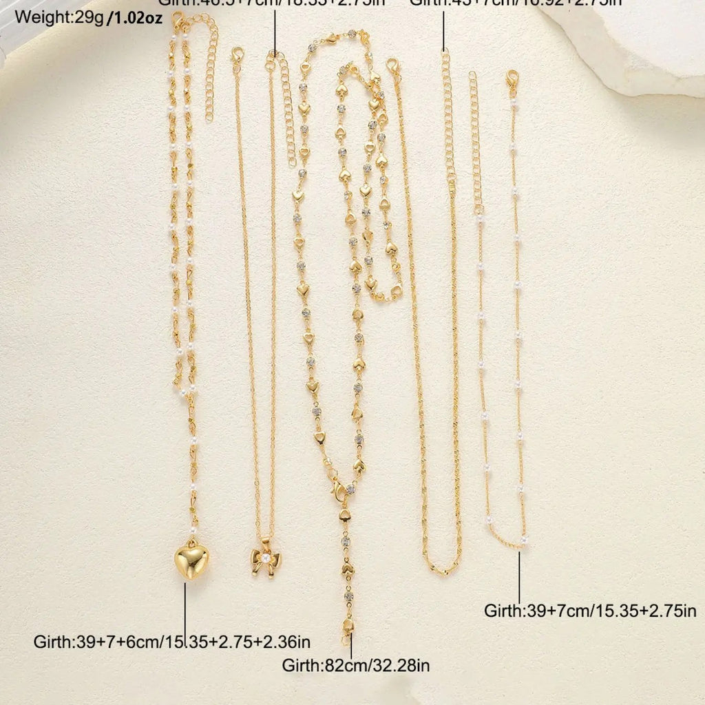 5PC 18k Dainty Pearl Heart Necklace Set