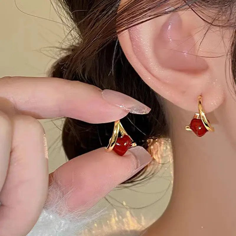 18k Elegant Red Heart Hoop Earrings