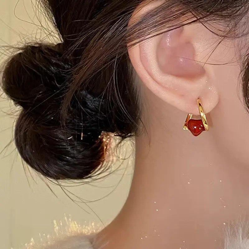 18k Elegant Red Heart Hoop Earrings
