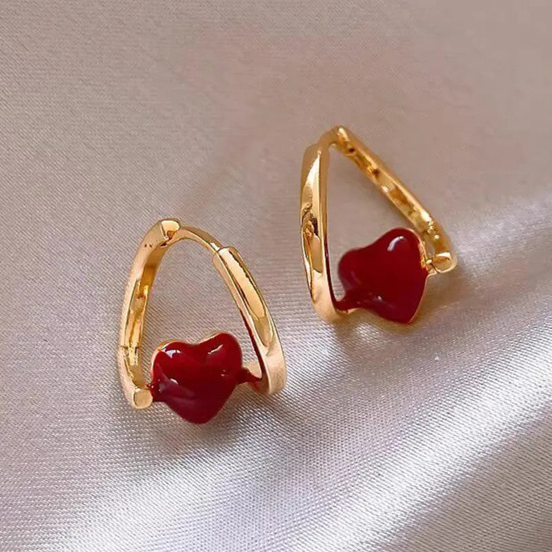 18k Elegant Red Heart Hoop Earrings