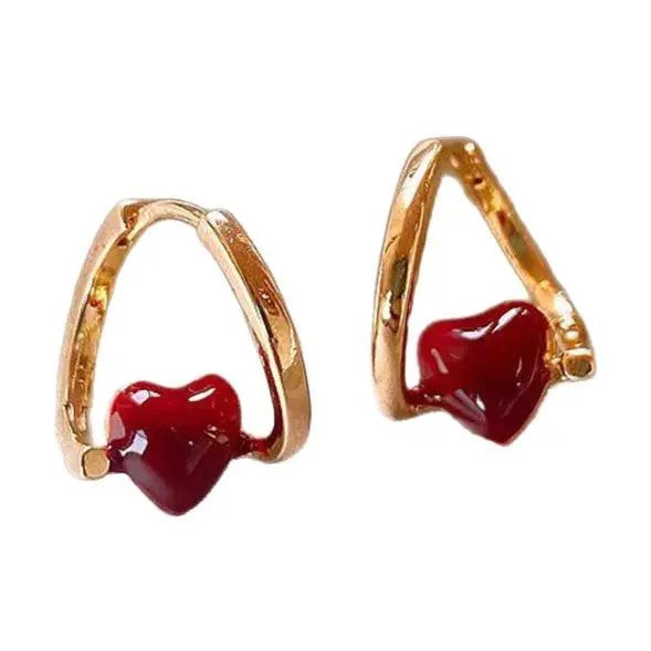 18k Elegant Red Heart Hoop Earrings