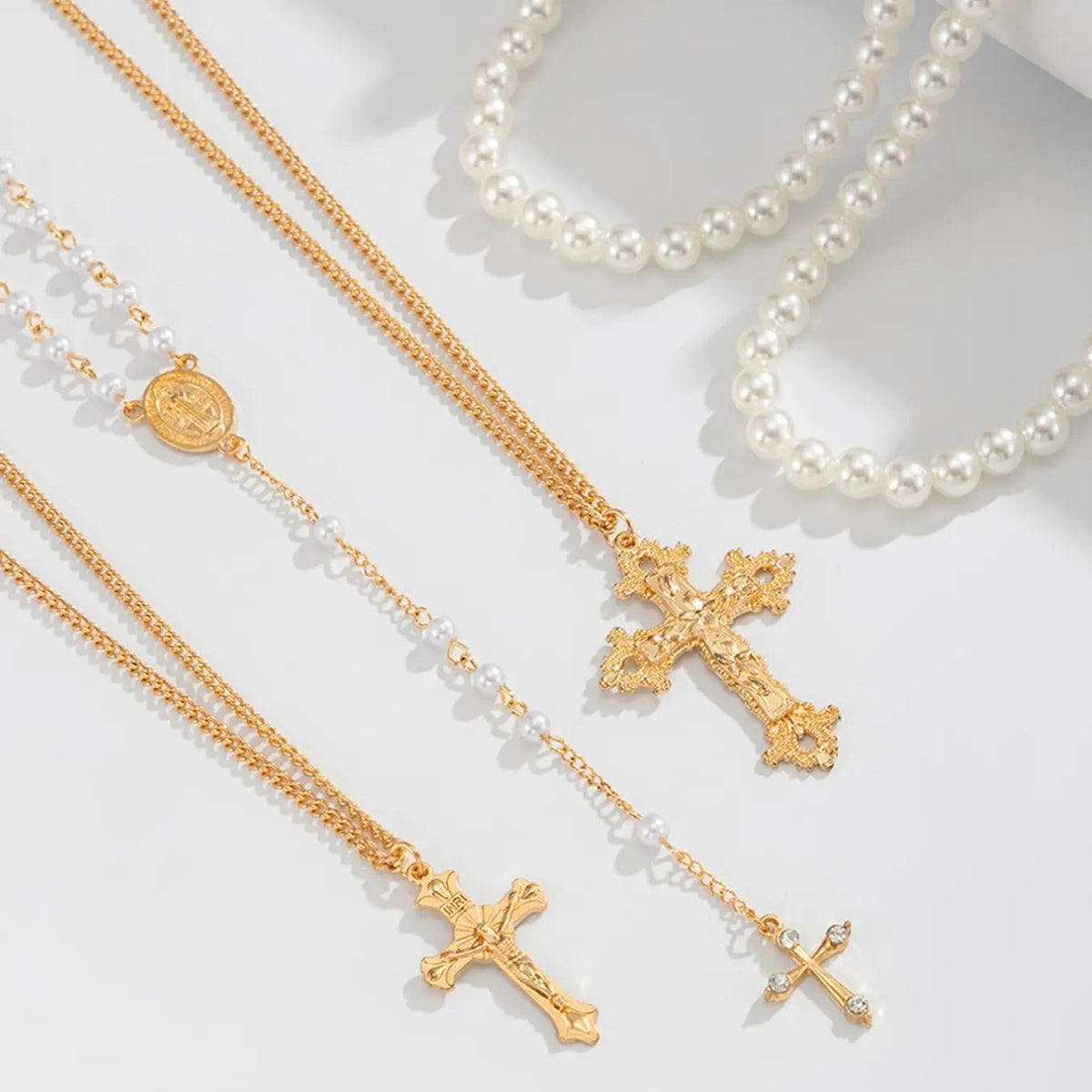 5PC Pearl Cross Necklace Set